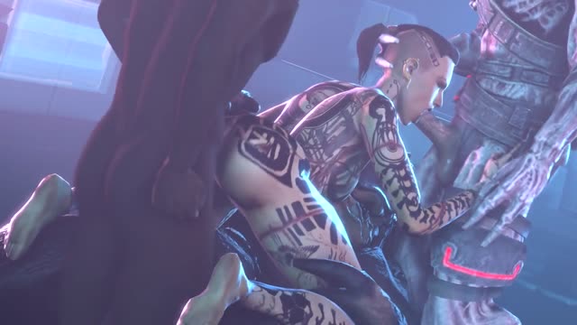 Брюнетка з татуюваннями з Mass Effect виживає завдяки жорсткому анальному сексу з монстром та двома його друзями